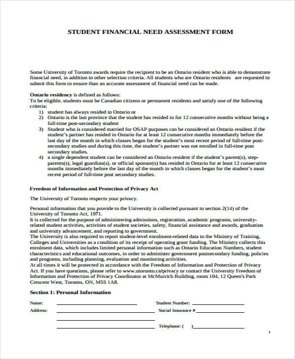 student financial needs assessment form