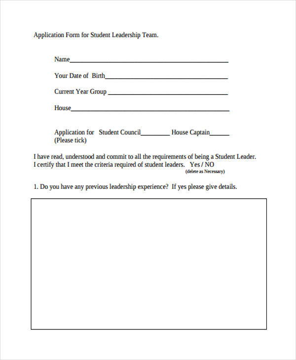 student leadership application form