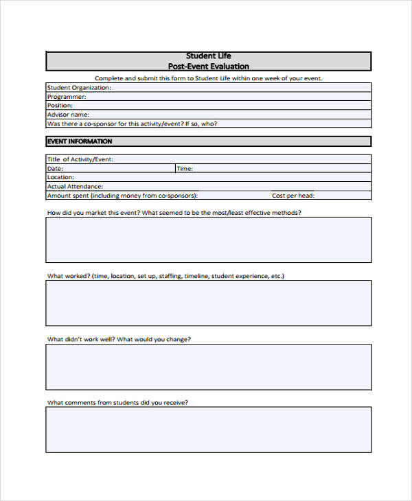 student life post event evaluation form