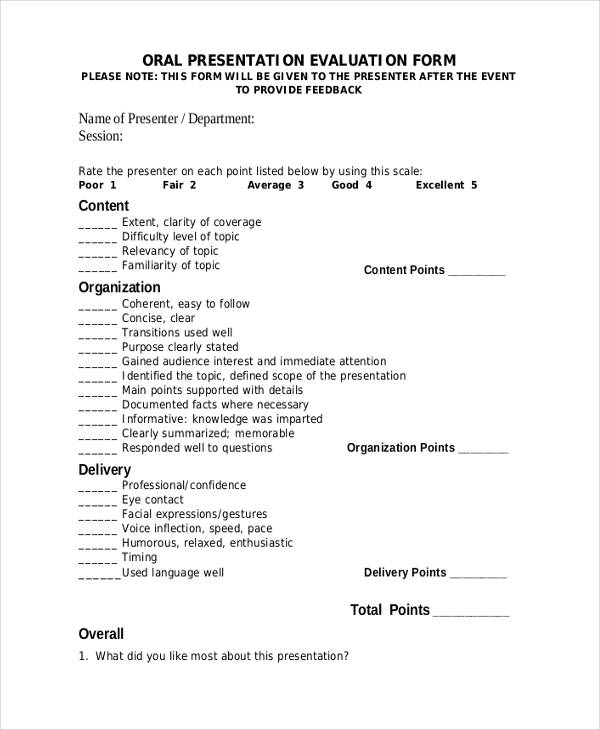 student oral presentation feedback form