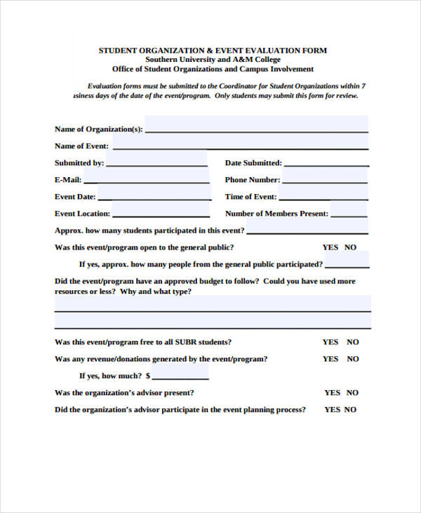 student organisation event evaluation form