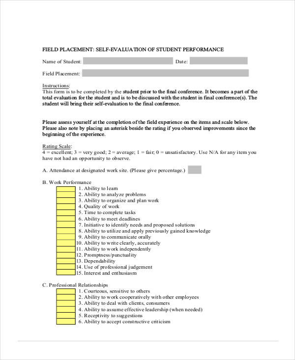 student performance self evaluation form