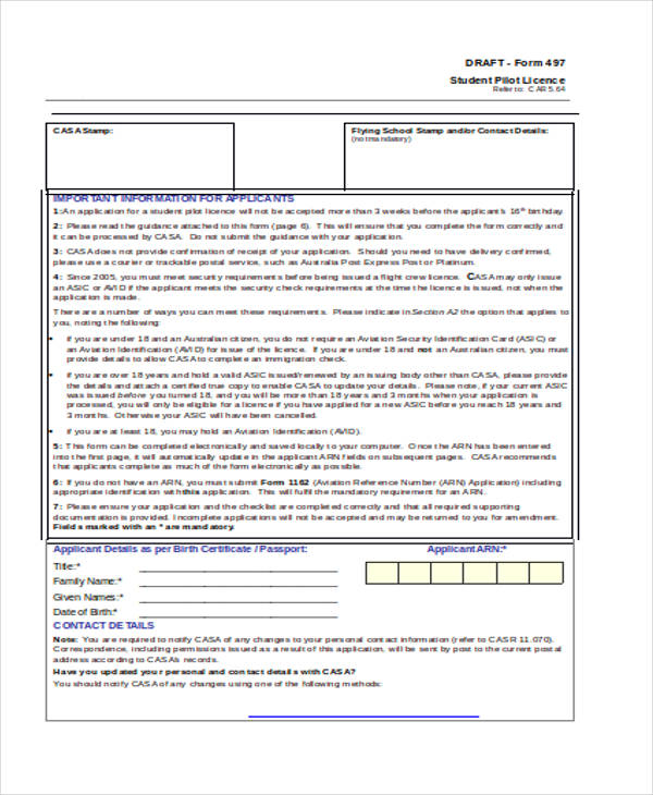 student pilot license application form