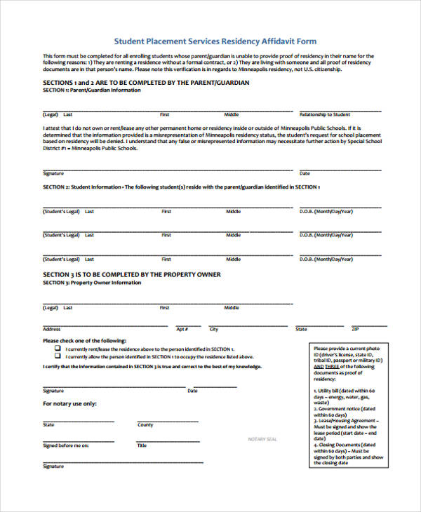 student placement affidavit form