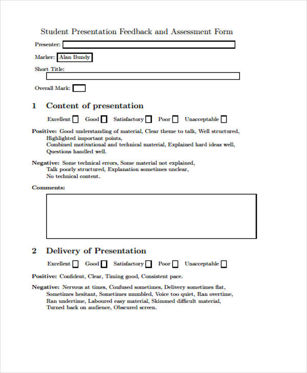 student presentation feedback assessment form