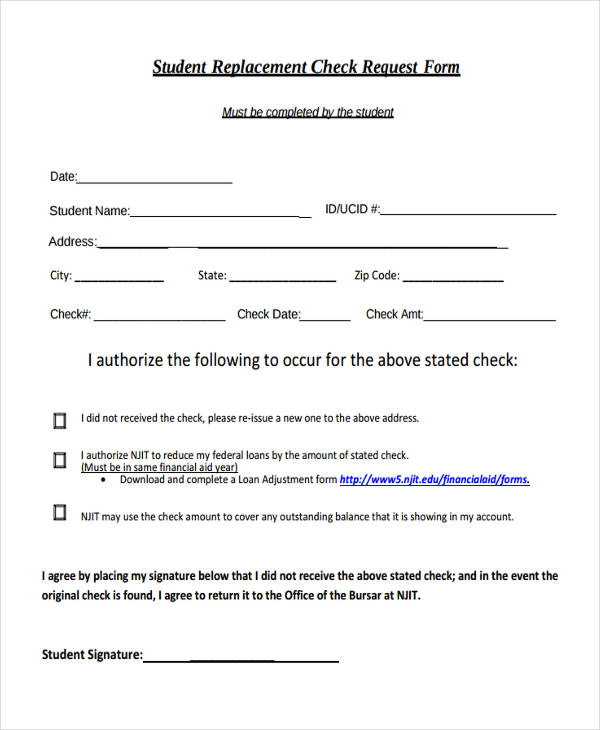 student replacement check request