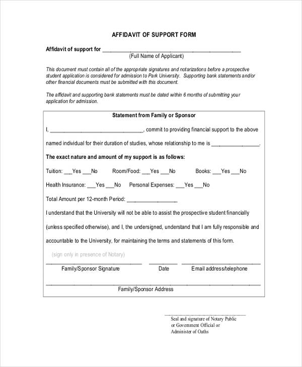 student service affidavit support form