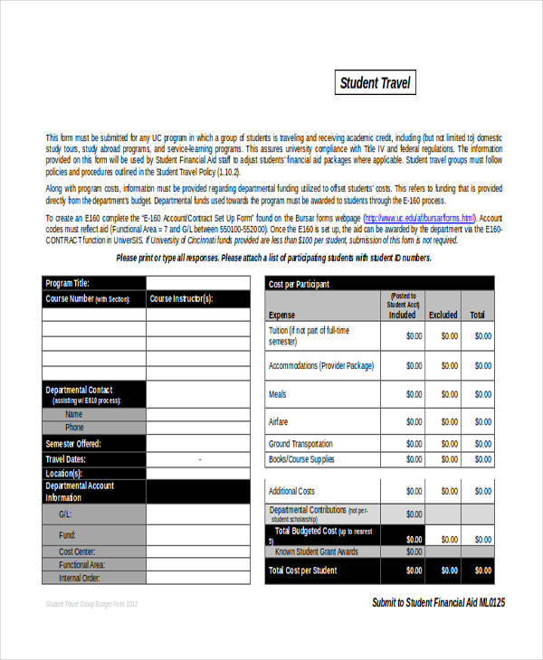 student travel budget form