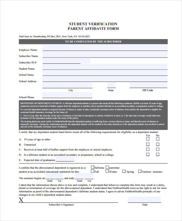 student verification affidavit form