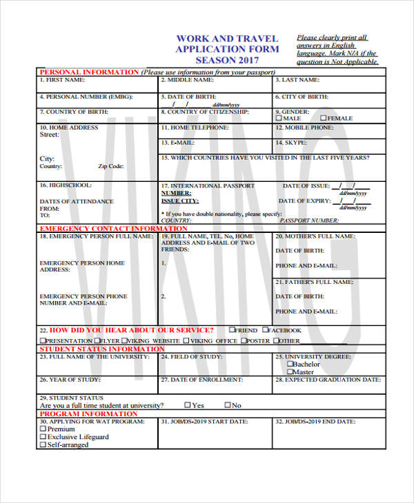 student work and travel application form
