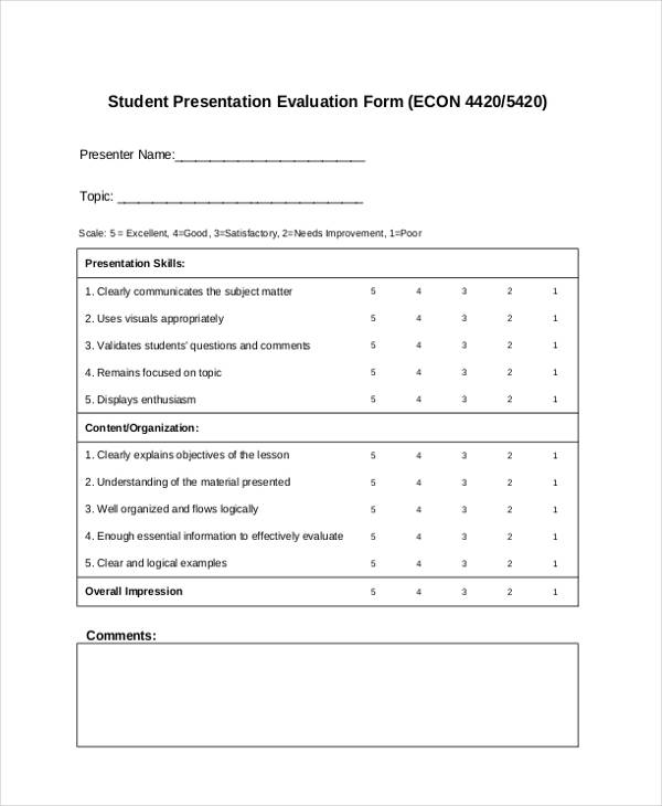 student written presentation evaluation