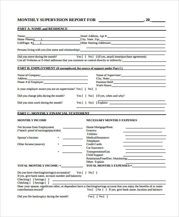 supervision monthly expenses form