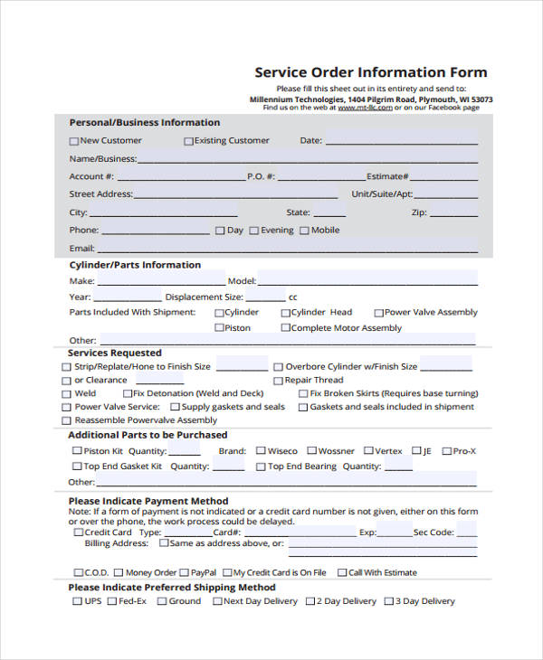 support deduction service order information form