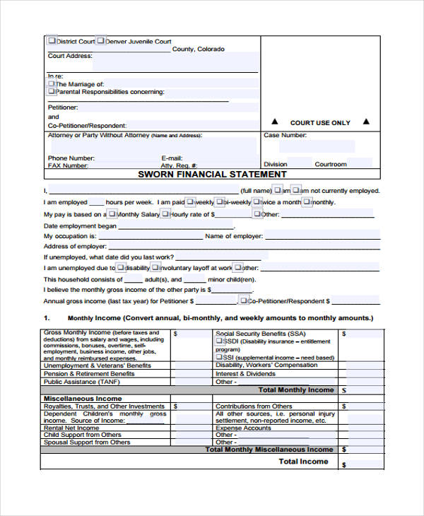 sworn financial affidavit form