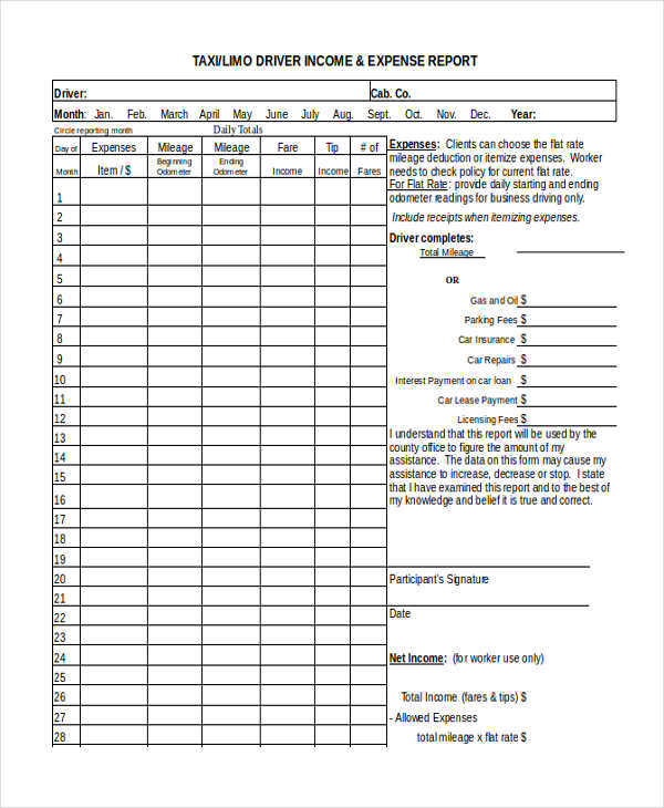 tax driver income expense report form