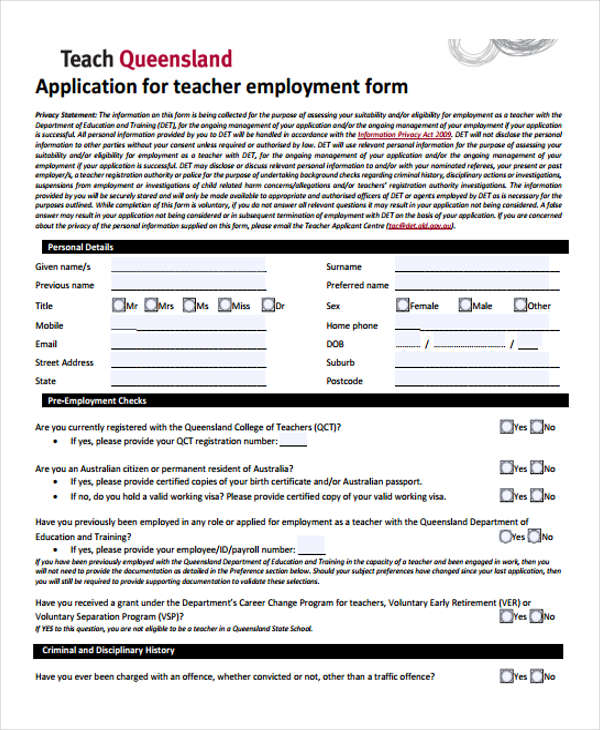 teacher employment form sample