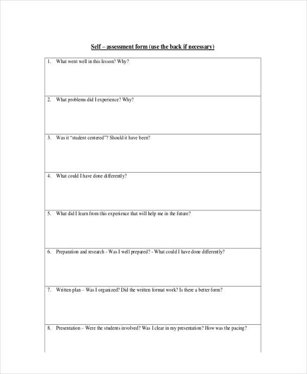 teacher lesson self evaluation form