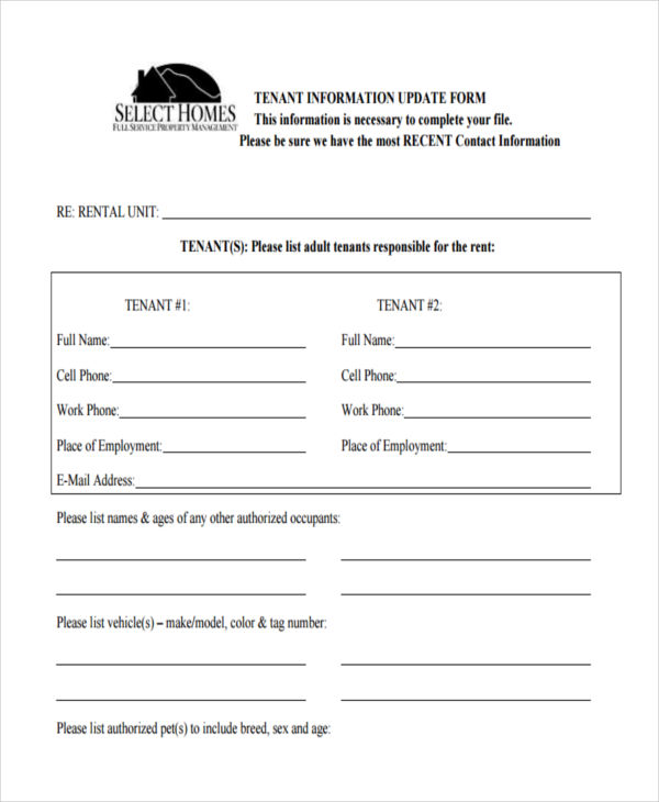 Tenant Information Form Template Word