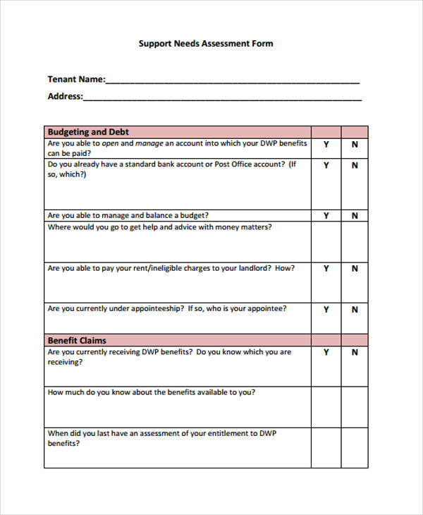 tenant support needs assessment form