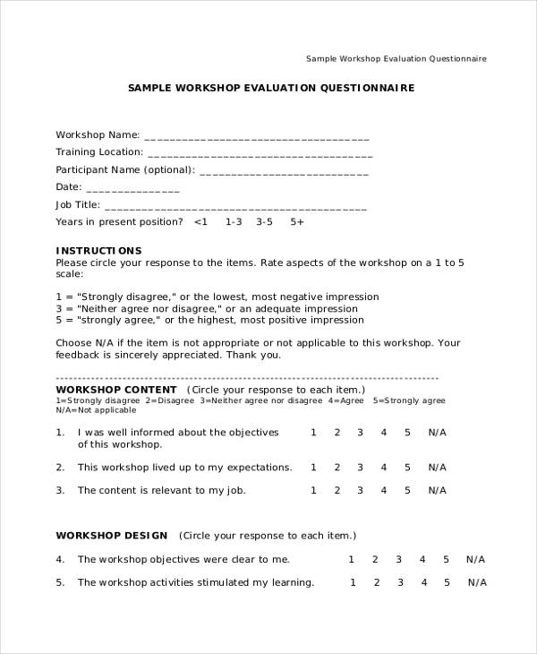 training workshop evaluation questionnaire form