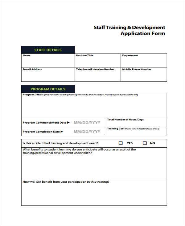 training and development application form