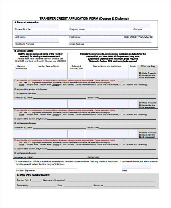 transfer credit assessment application form