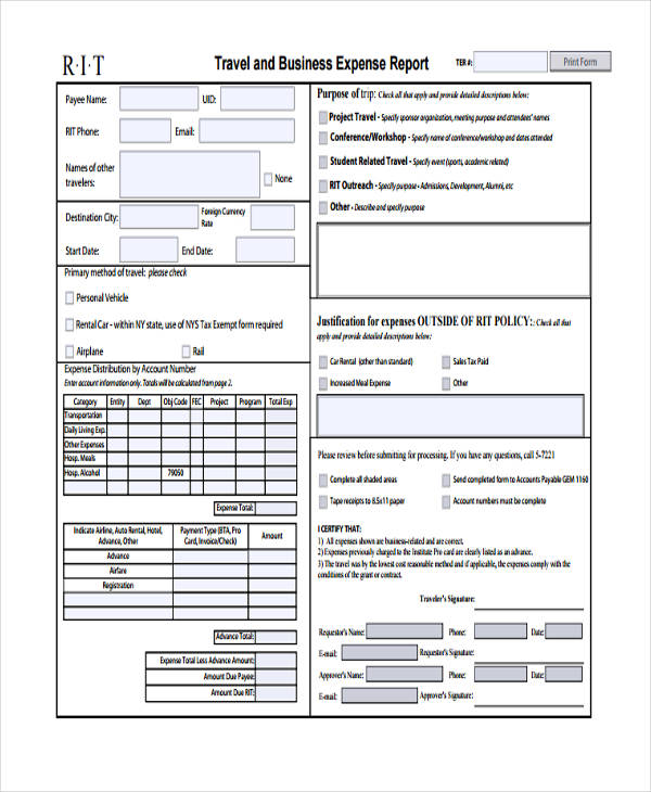 travel business expense form example