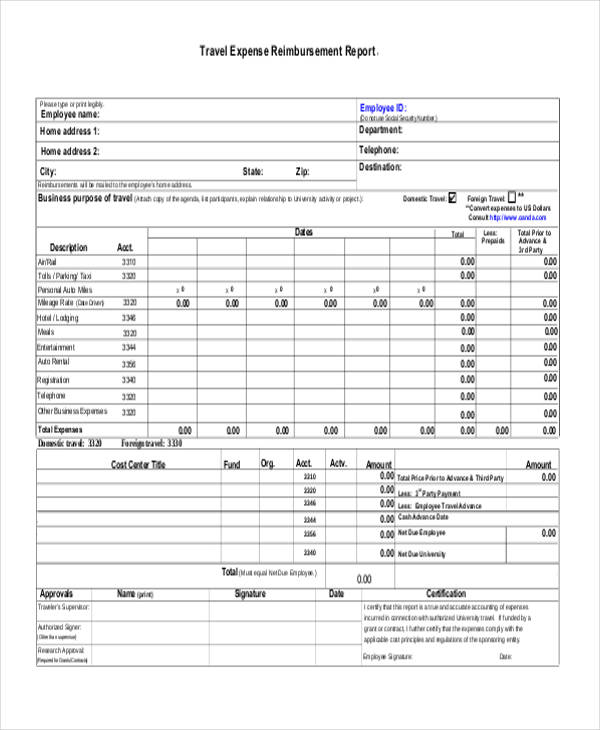 travel expense reimbursement report form