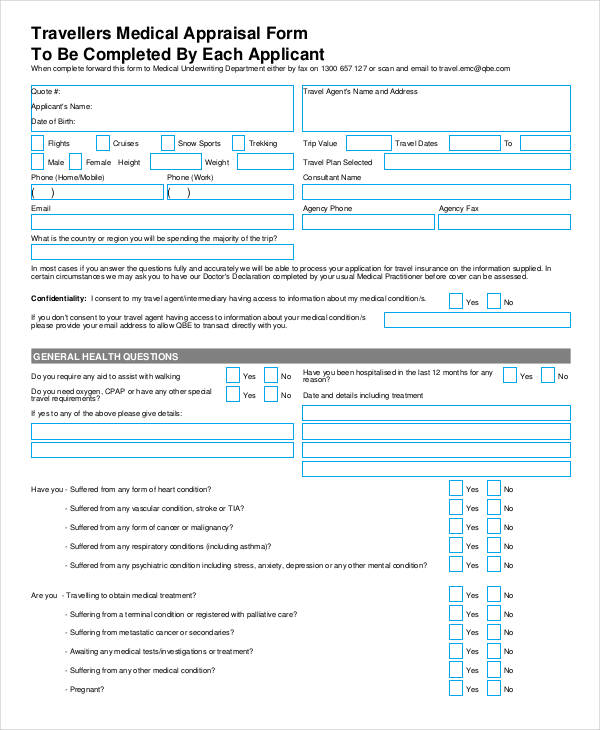 travel medical appraisal form example