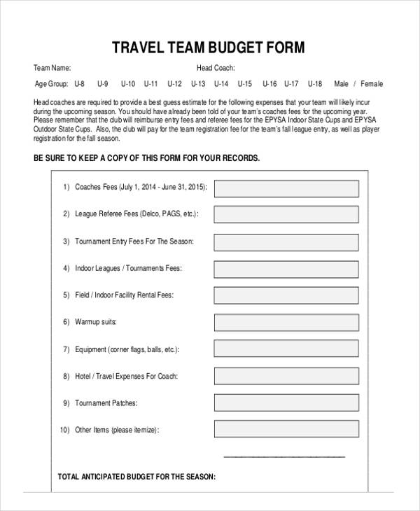 travel team budget form
