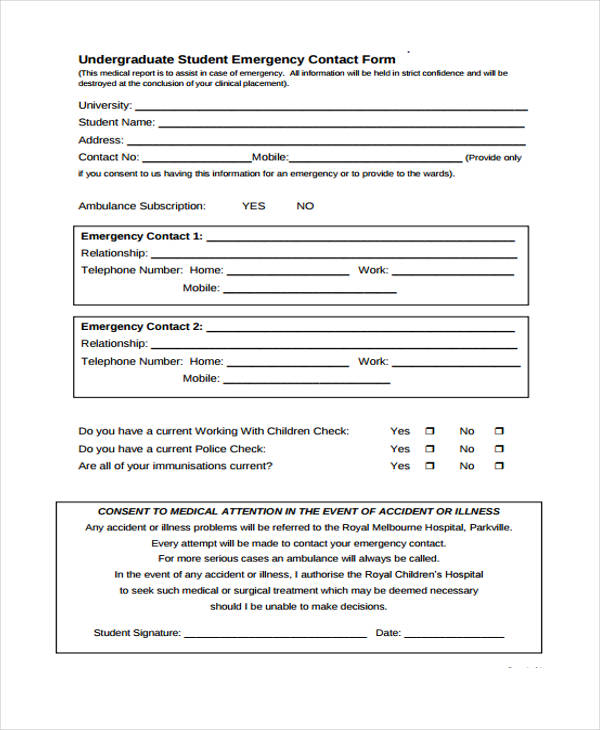 undergraduate student emergency contact form