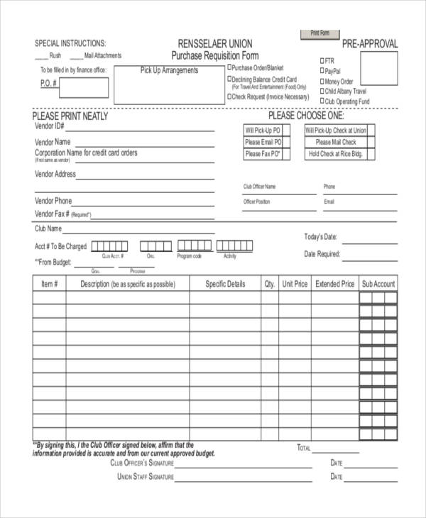 union purchase requisition form sample