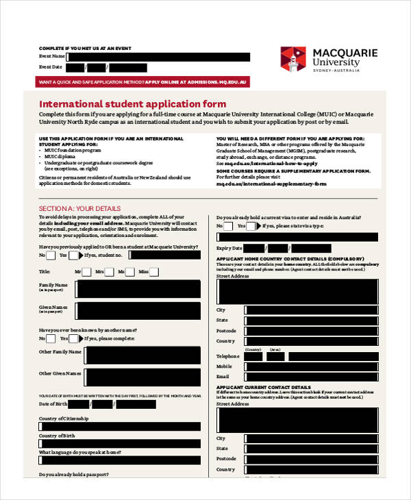 university student admission application form