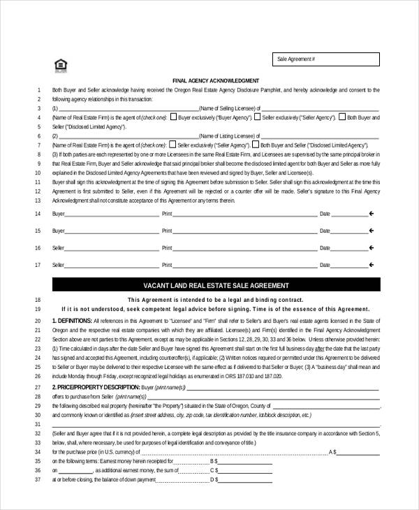 vacant land sales agreement form