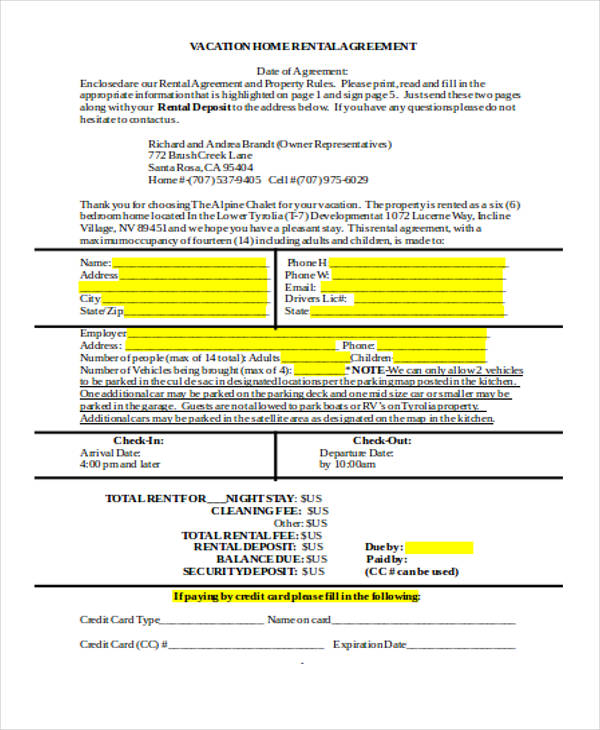 vacation home rental agreement form