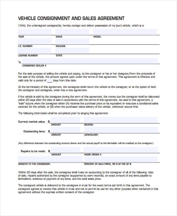 vehicle consignment sales agreement form