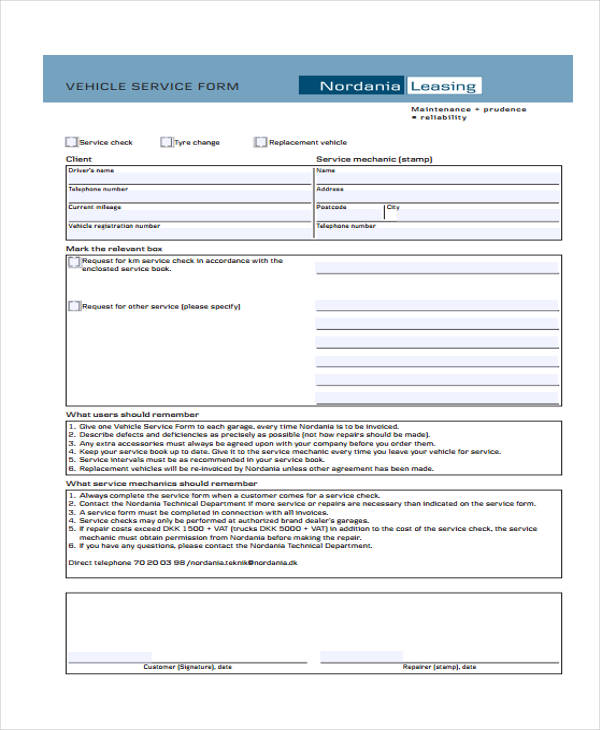 vehicle service repair order form