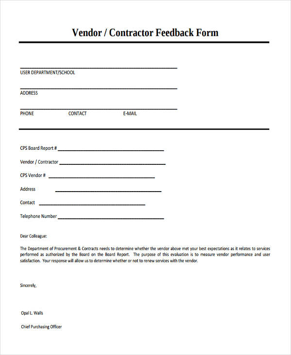 vendor contractor feedback form