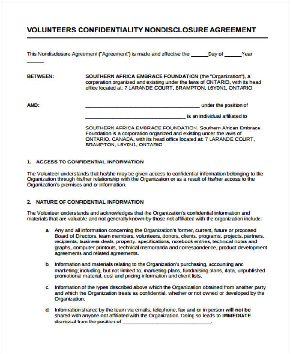 volunteer confidentiality non disclosure agreement form