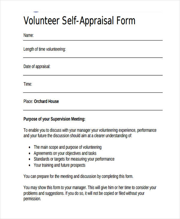 volunteer self appraisal form