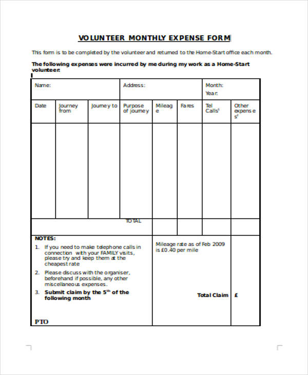 volunteers monthly expense form in doc