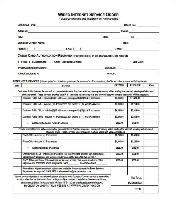 wired internet services order form