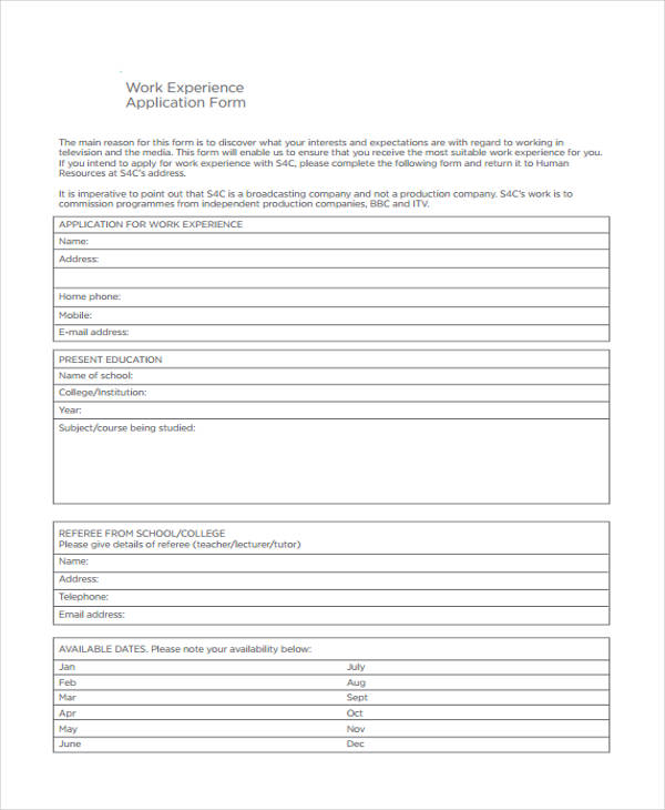 work experience application form