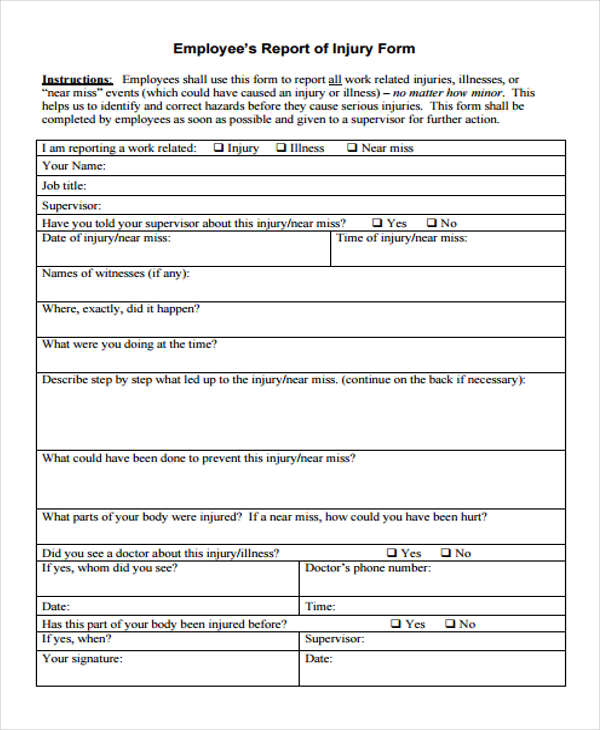 Injury Report Form Template