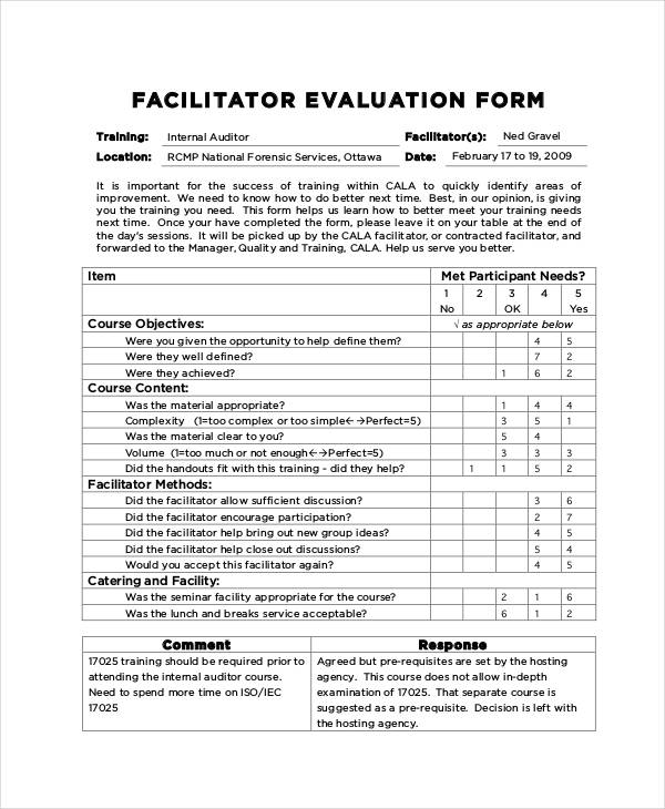 workshop facilitator evaluation form sample
