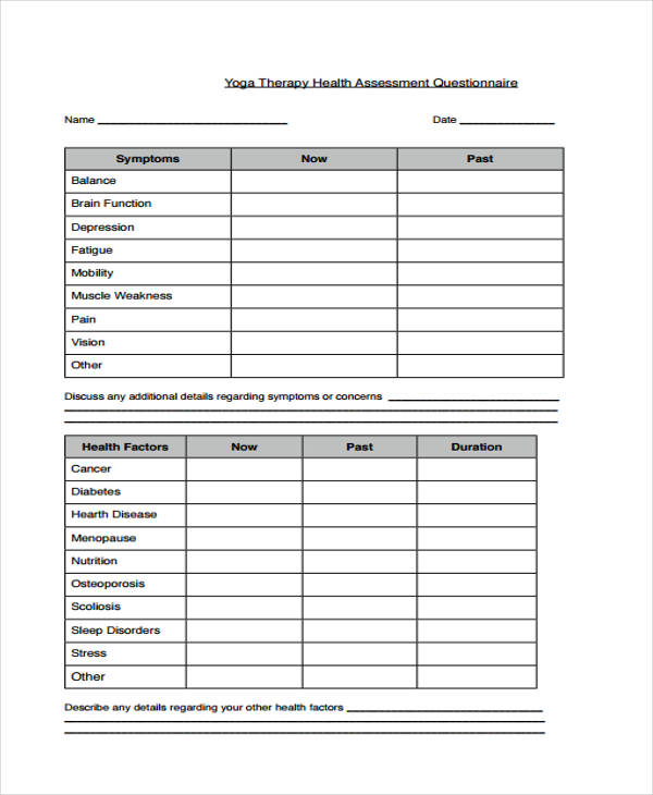 yoga therapy health assessment questionnaire form