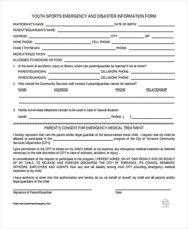 youth sports emergency contact form