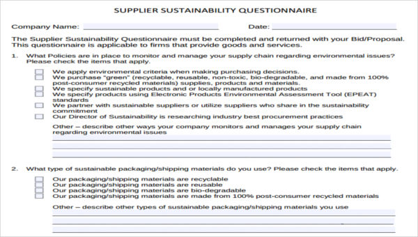 FREE 11  Sample Supplier Questionnaire Forms in MS Word PDF