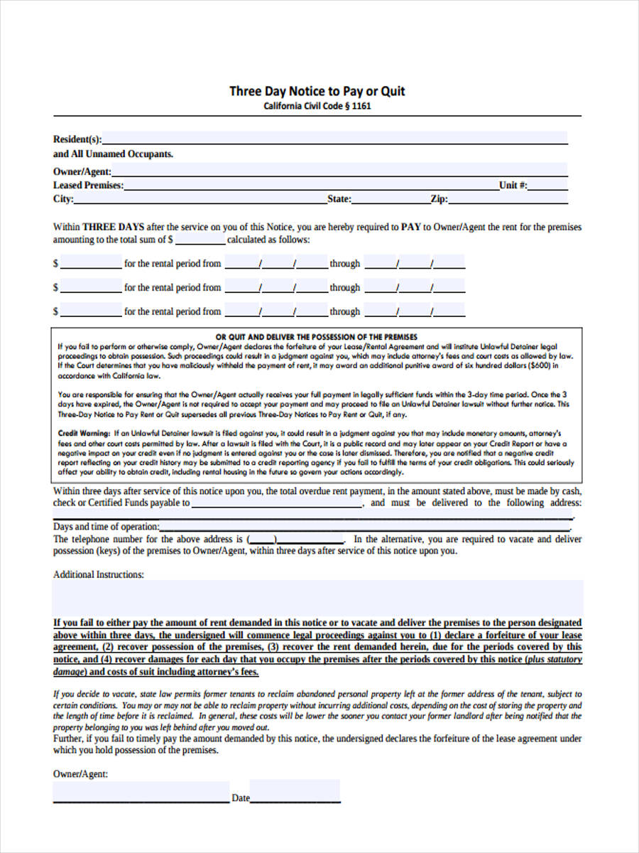 FREE 6+ 3 Day Notice Forms in MS Word | PDF
