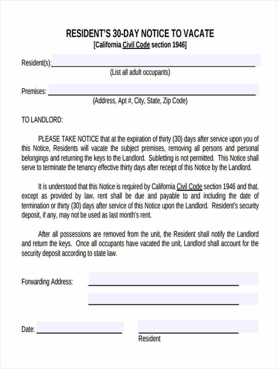 free 5 sample 30 day notice to vacate forms in ms word pdf